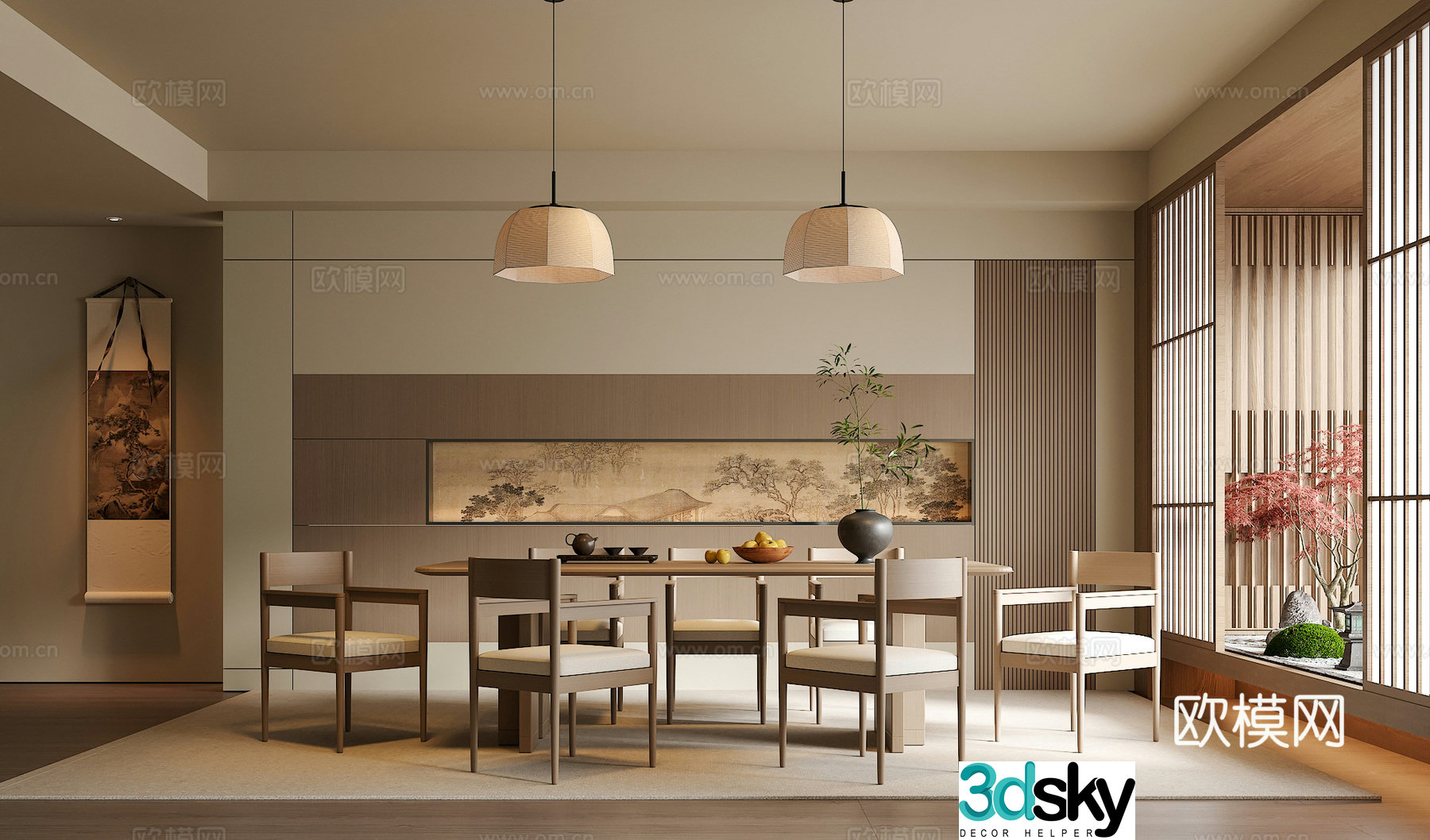 Song’s medieval style restaurant dining table and chair combination chandelier green plant ornament 3D model