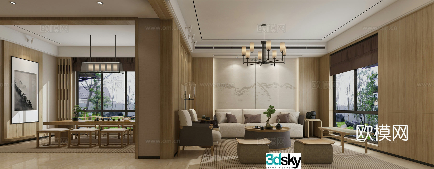New Chinese style living room and dining room chandeliers hanging paintings sofa coffee table dining table chair stairs 3d model