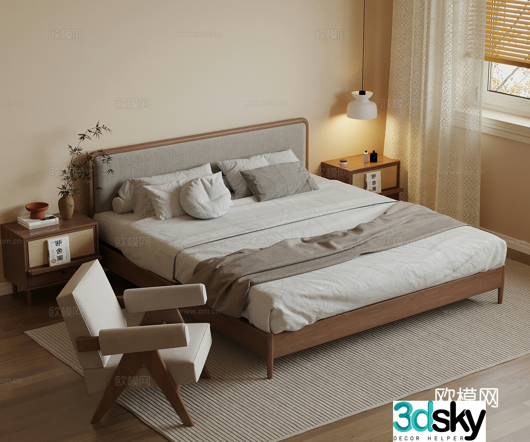 Middle style double bed nightstand chandelier 3d model