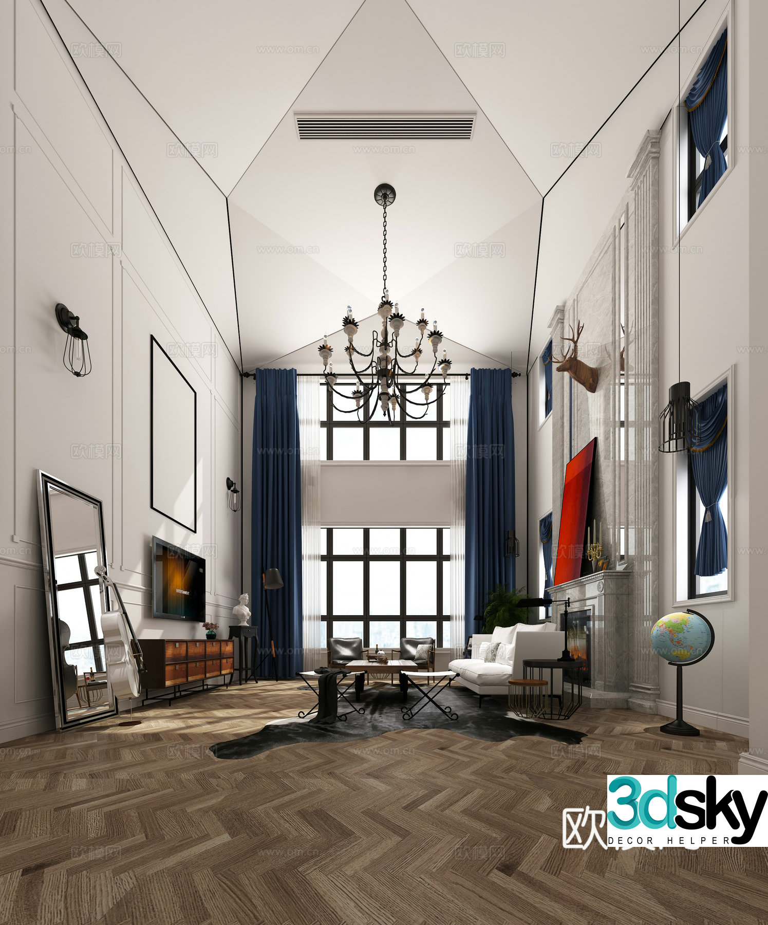 Simple European living room sofa and coffee table combination TV background wall wall decoration jewelry chandeliers wall 3d model