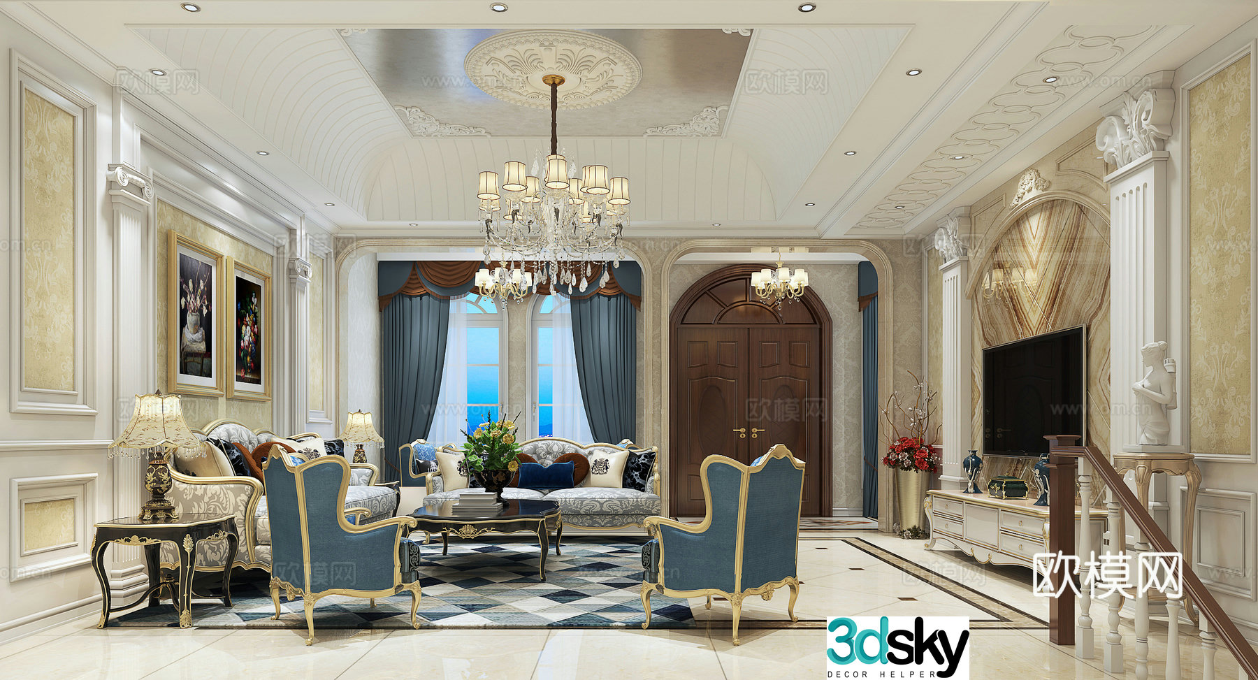 Simple European living room living room sofa coffee table TV cabinet chandeliers decorative painting decoration 3d model