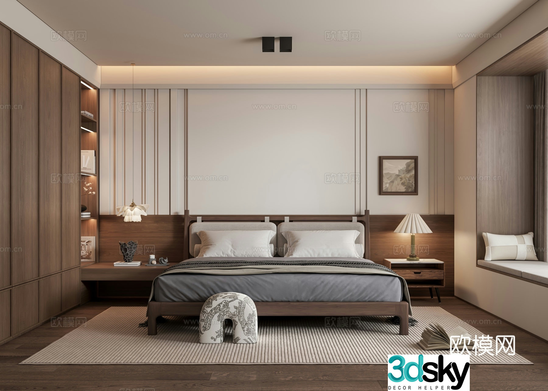 Middle-aged bedroom master bedroom double bed log double bed wardrobe bay window 3d model