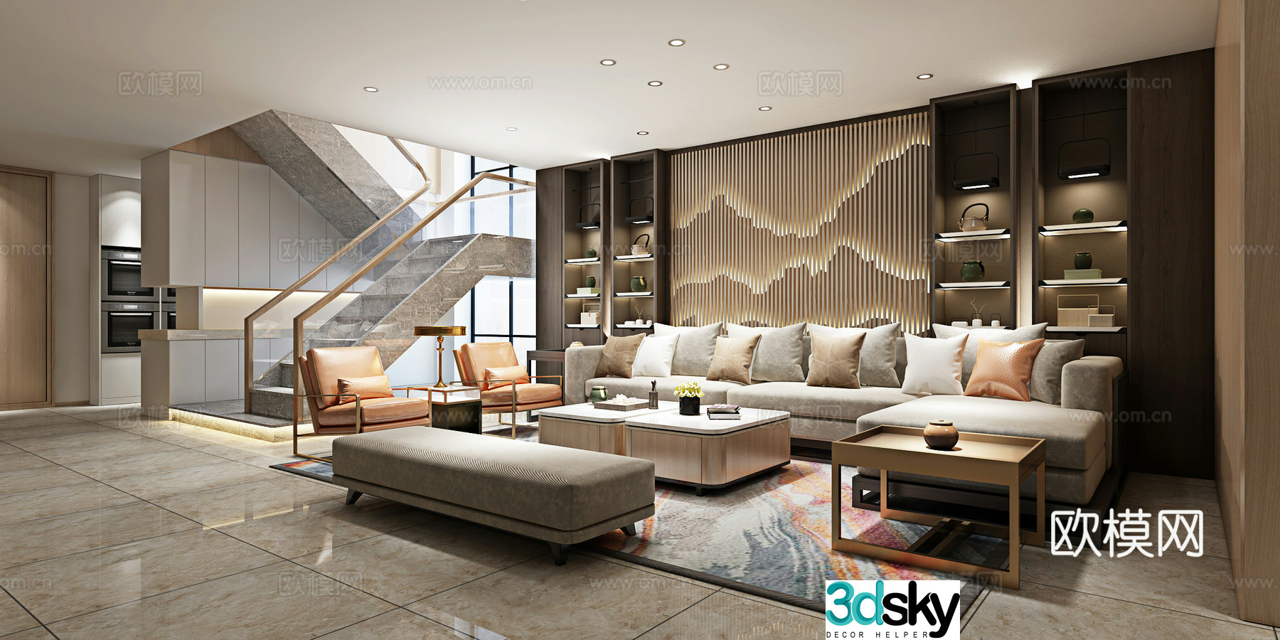 Modern living room sofa combination foot chair stairs background cabinet 3d model