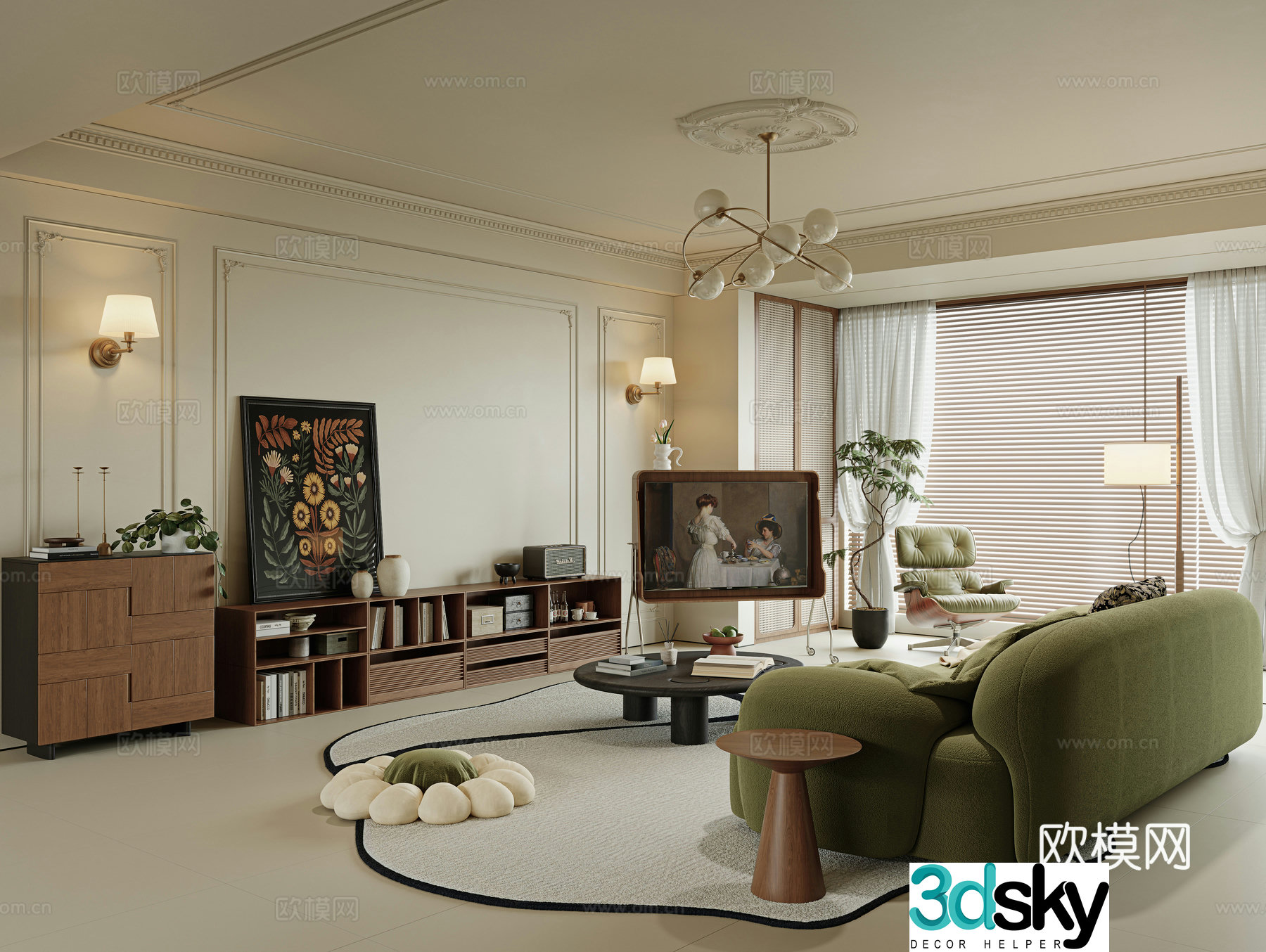 French medieval style living room large flat living room sofa and coffee table combination entrance cabinet chest of drawers TV 3D model