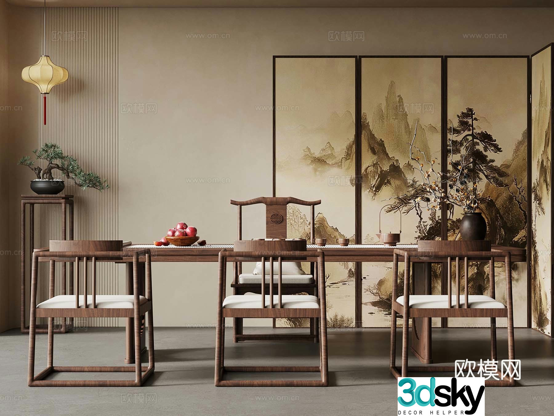 New Chinese-style tea table and chairs screen chandelier lantern 3d model