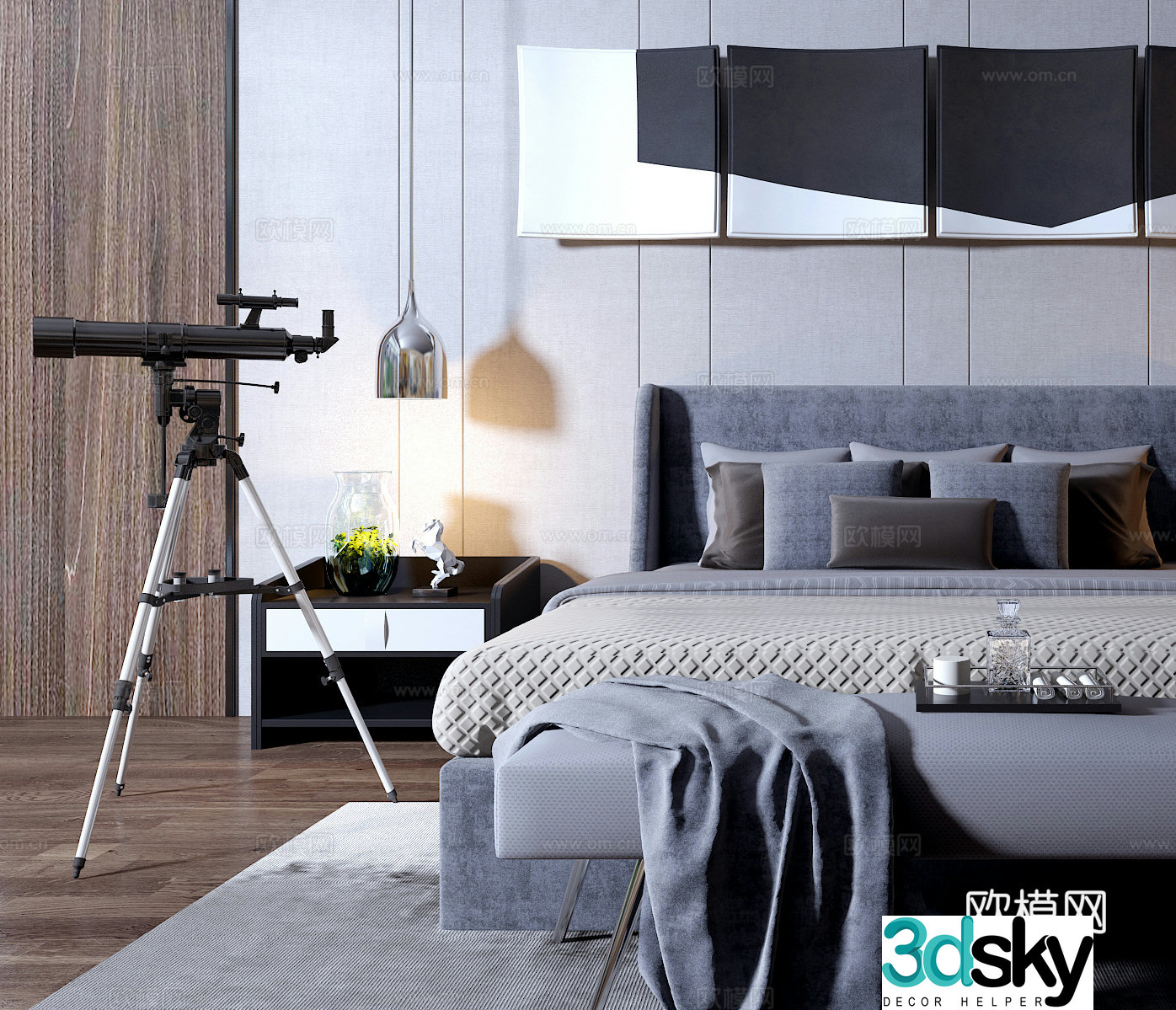 Modern fabric double bed combination double bed hanging painting ornament telescope desk lamp 3D model