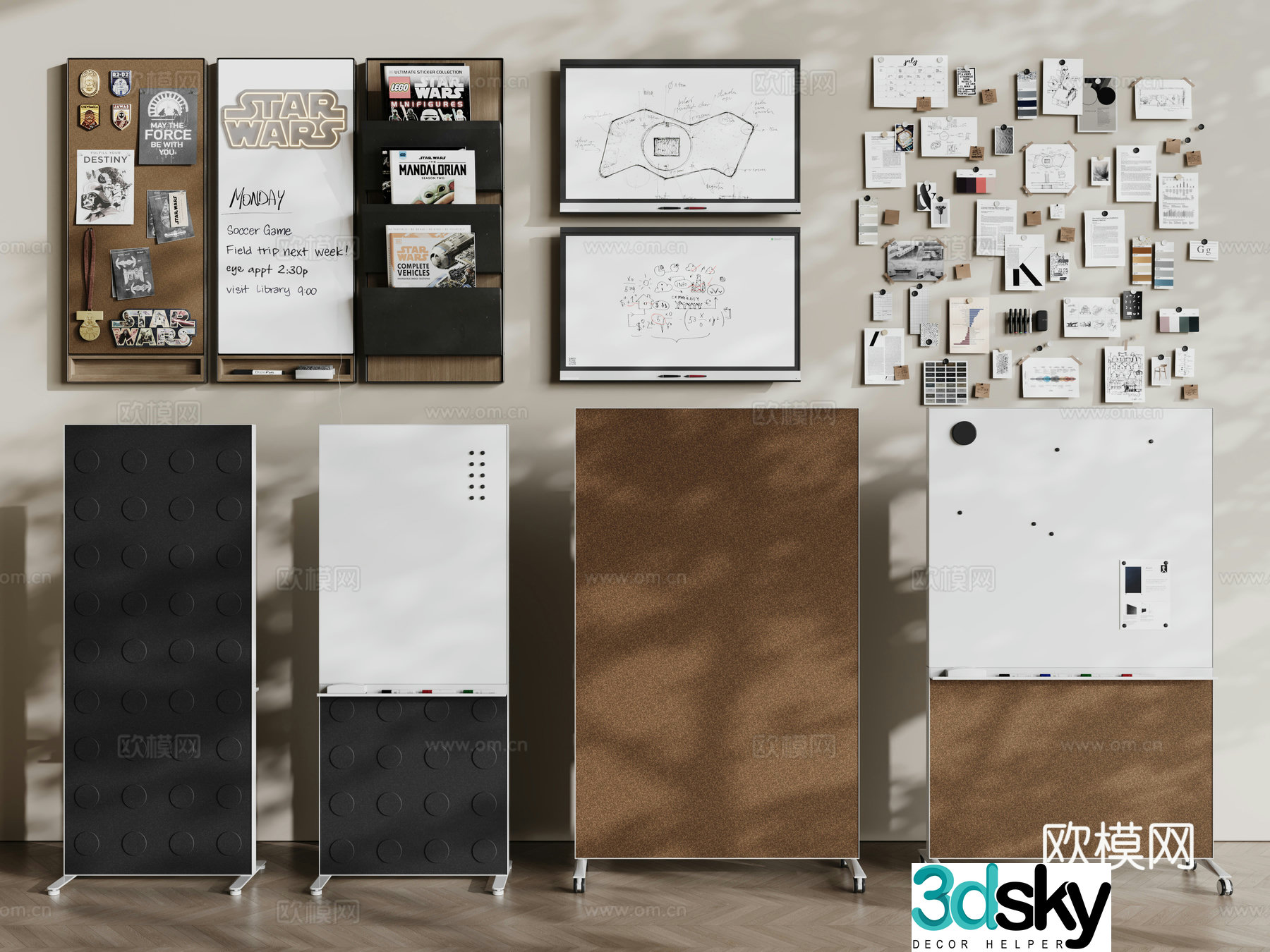 Modern office blackboard whiteboard writing board sticky notes display card 3D model
