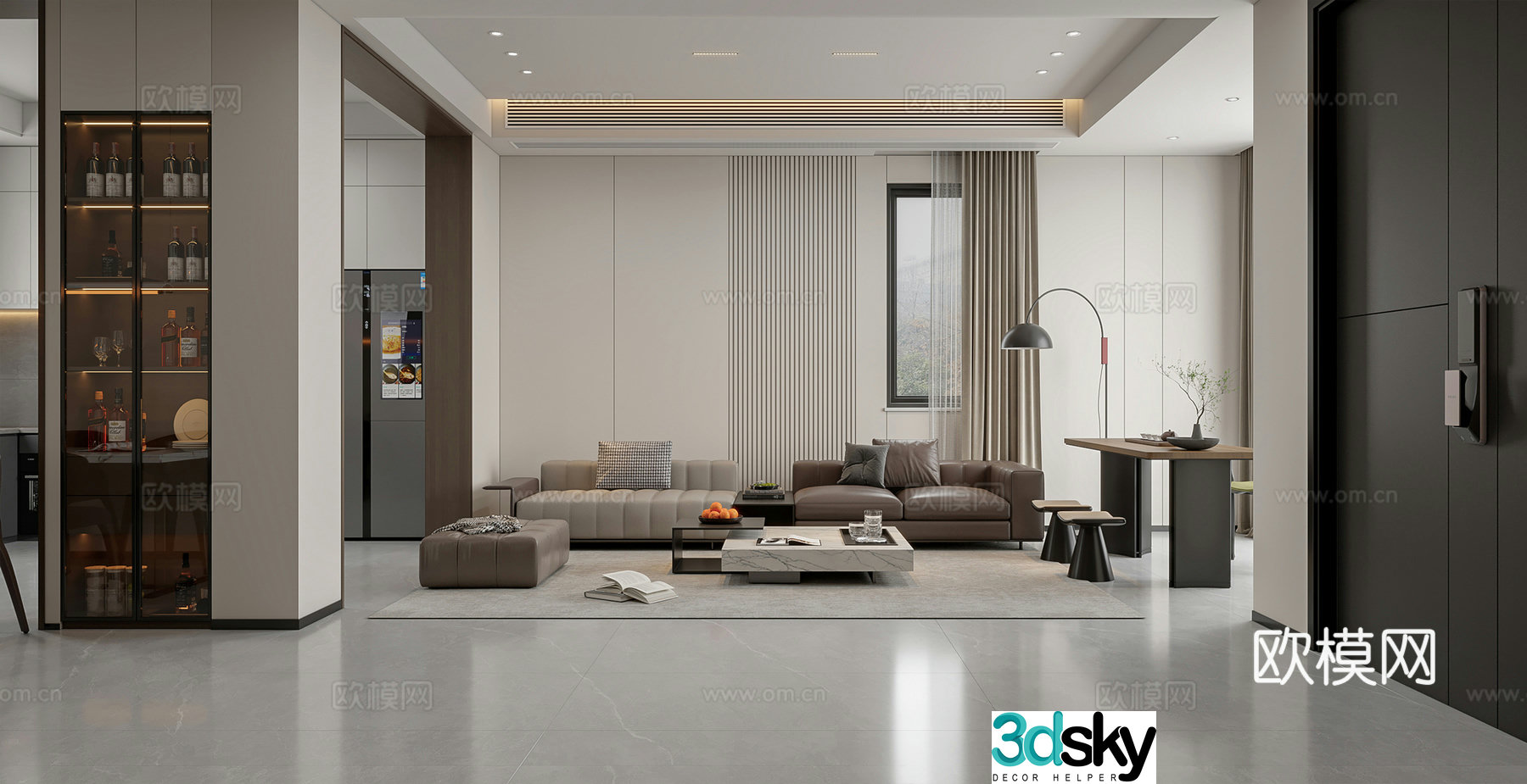 Italian light luxury living dining open kitchen 3D model