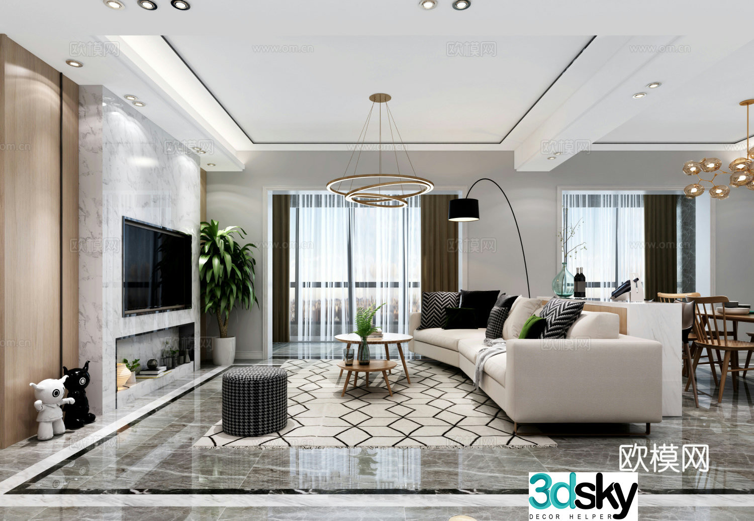 Modern living room and dining room modern sofa coffee table combination modern ring chandelier modern solid wood dining 3d model