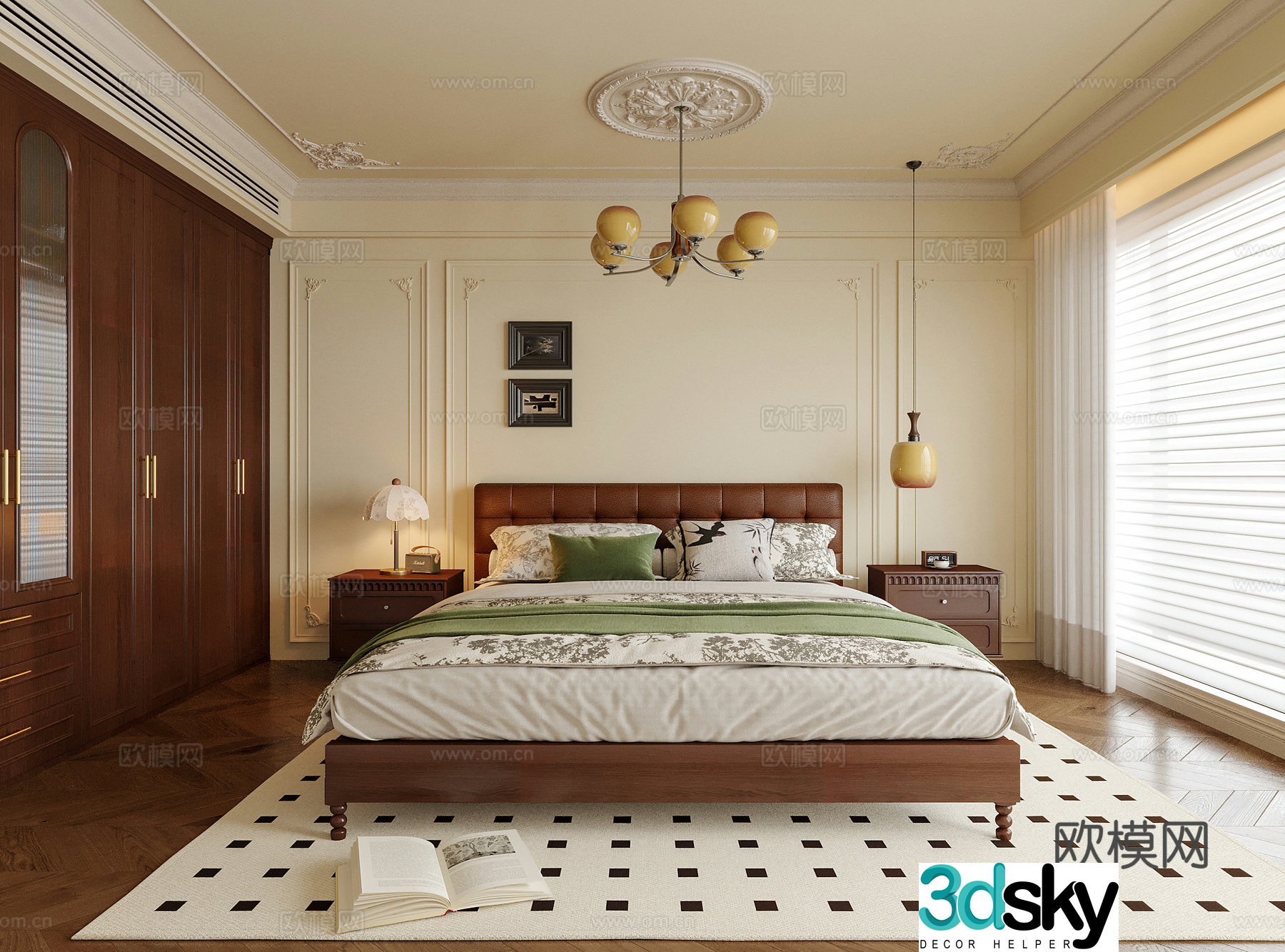 French bedroom double bed nightstand bedroom chandeliers 3d model