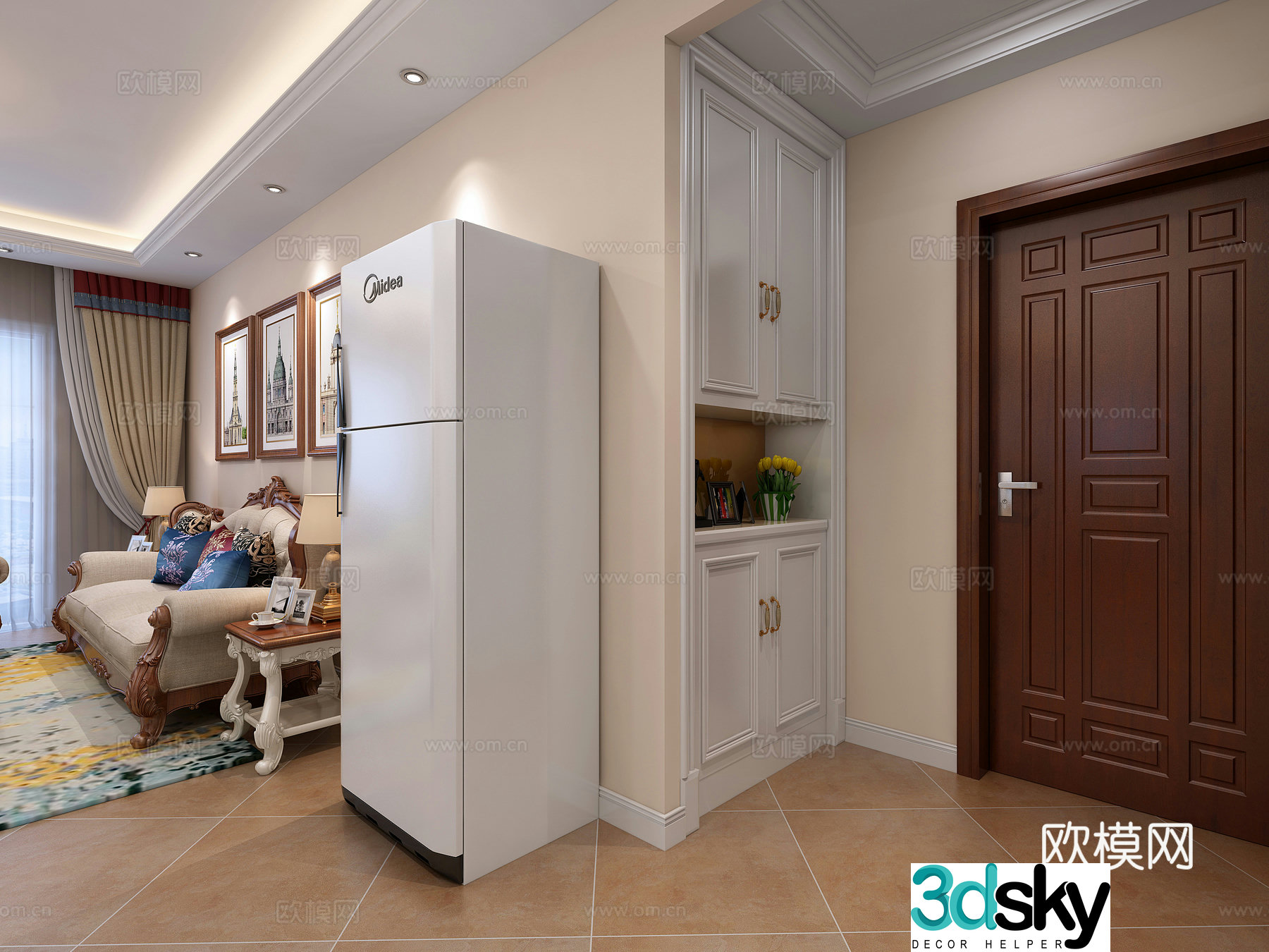 American style living and dining room sofa coffee table chandeliers TV cabinet side cabinet dining table chair 3d model