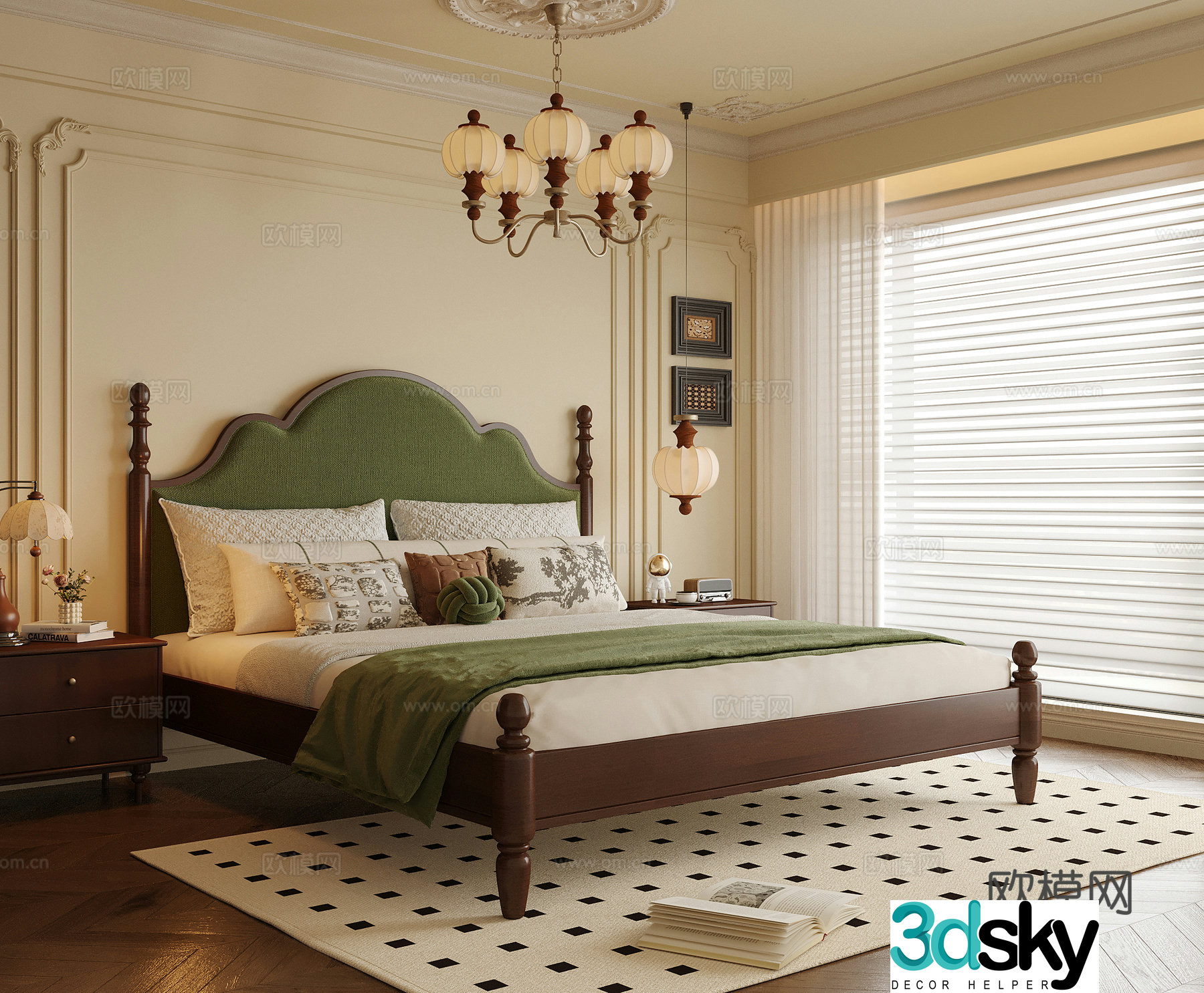 French bedroom double bed nightstand bedroom chandeliers bedside chandeliers 3D model