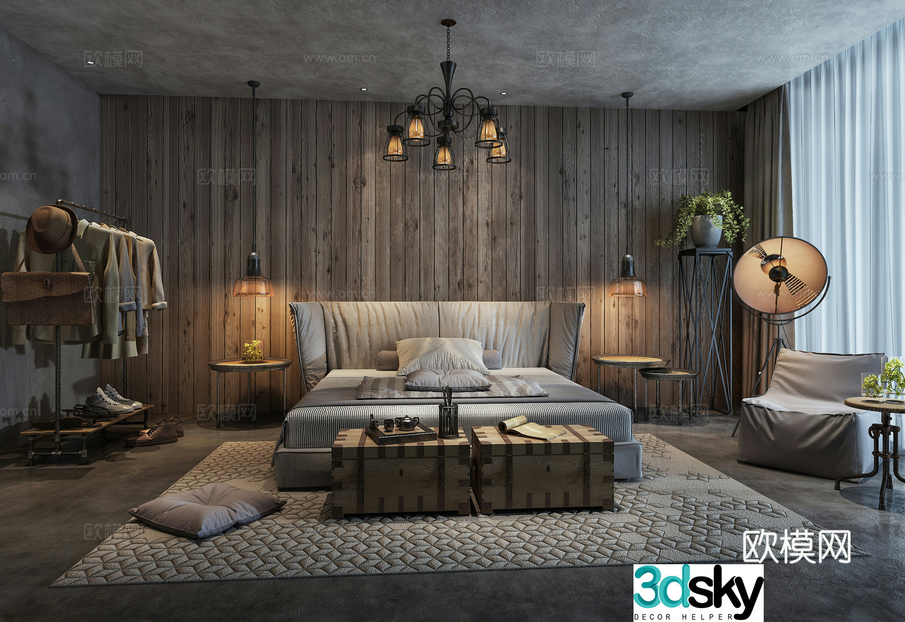 Industrial style bedroom bedding sofa coffee table combination 3D model