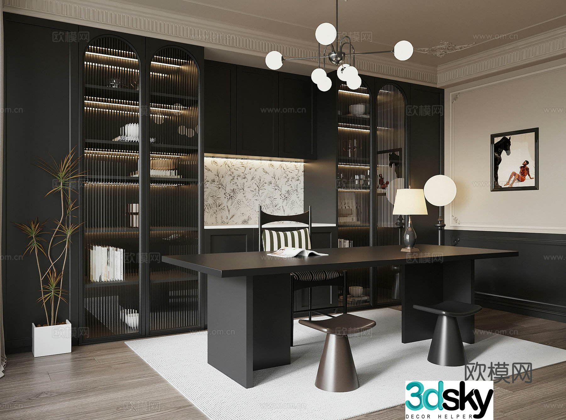 Study room French retro style study bookcase desk chair office desk 3d model