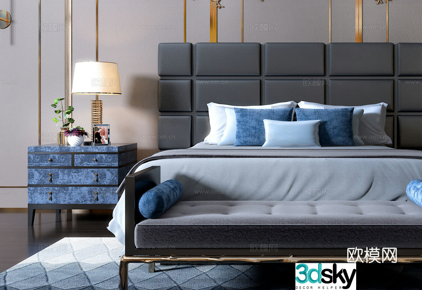 Modern luxury double bed combination double bed pendant decoration wall lamp desk lamp 3d model