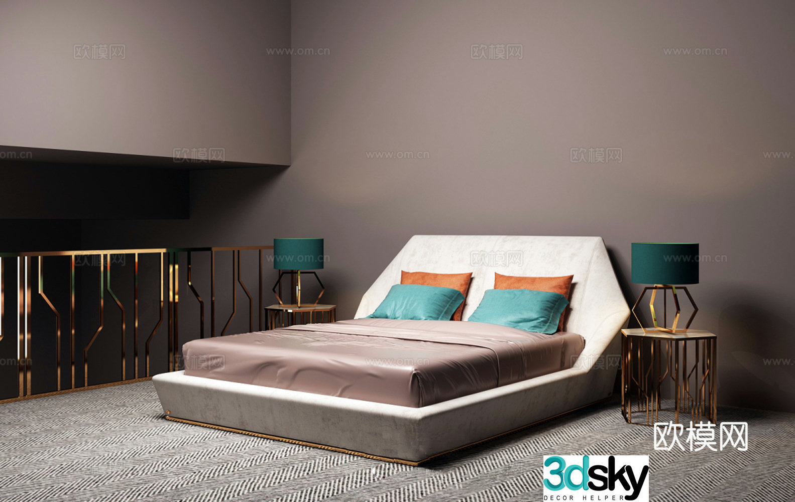 Modern double bed nightstand Nordic double bed combination 3D model