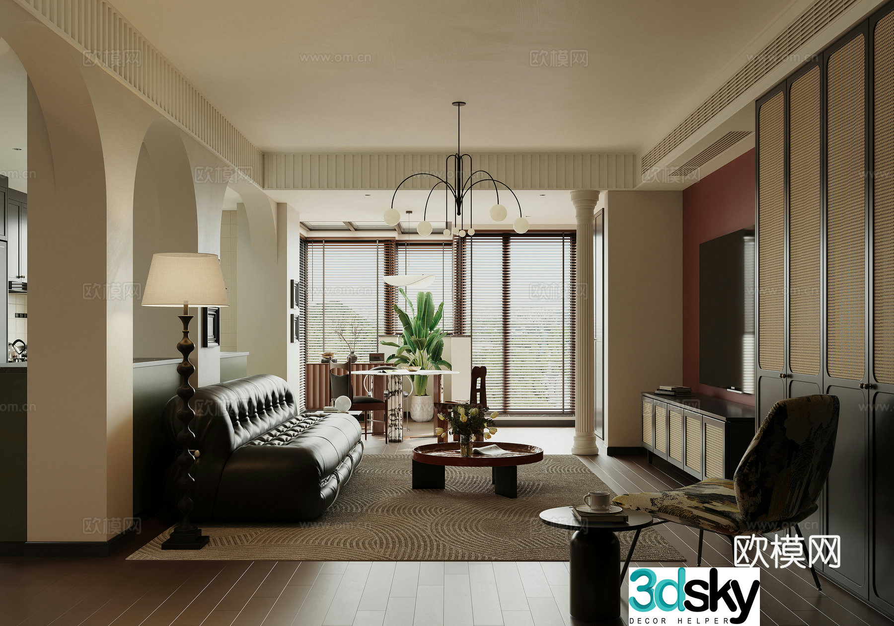 French medieval living room black sofa TV cabinet 3d model