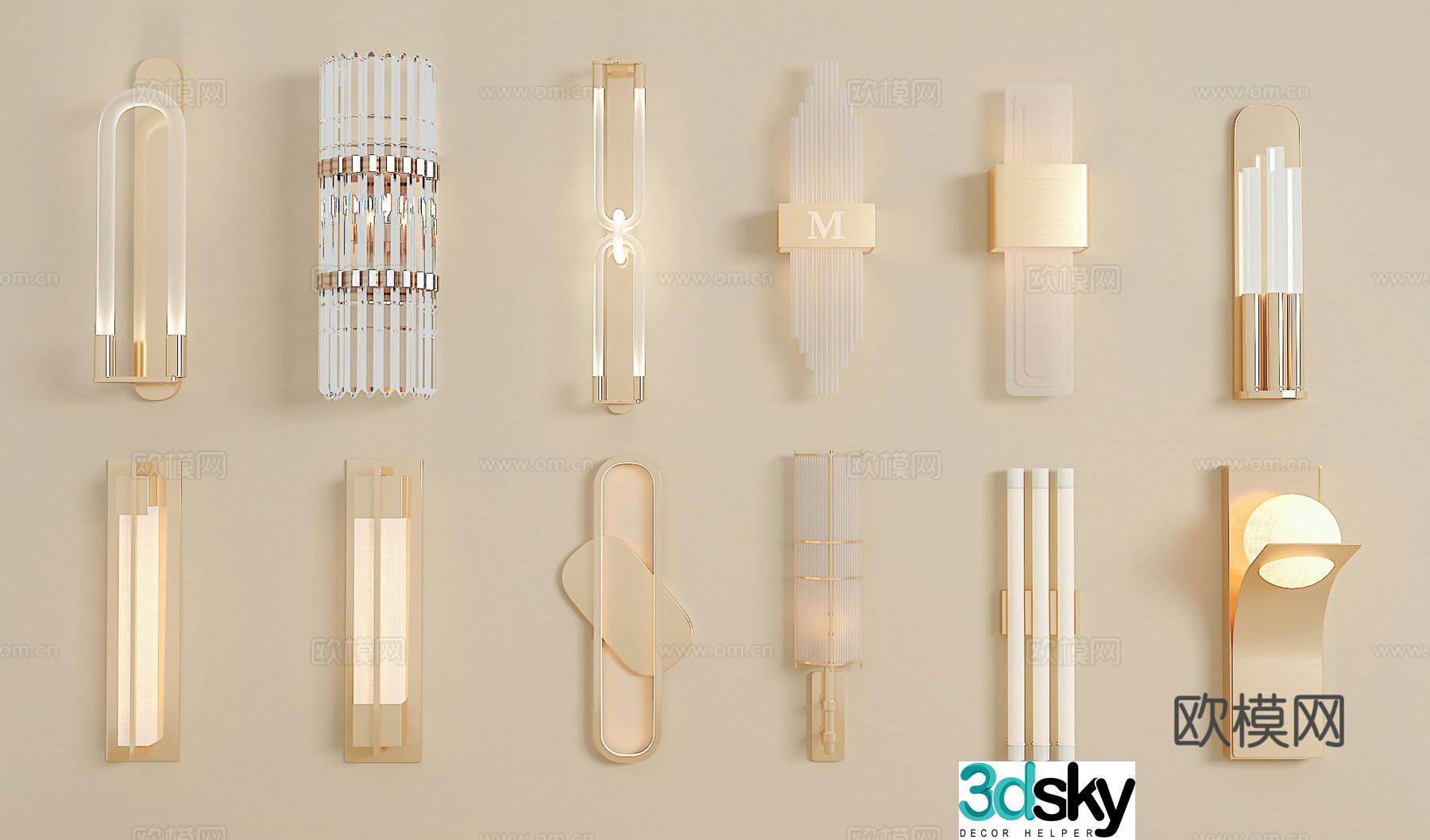 New Chinese style wall lamp Crystal wall lamp Long strip wall lamp Metal wall lamp Glass wall lamp 3D model