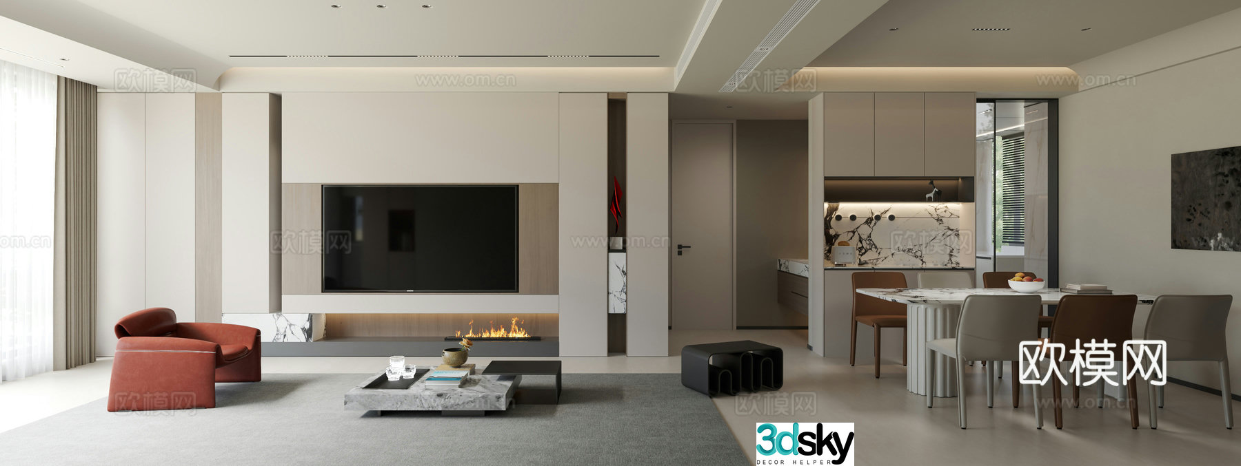 Modern Cream Living and Restaurant 3D Model