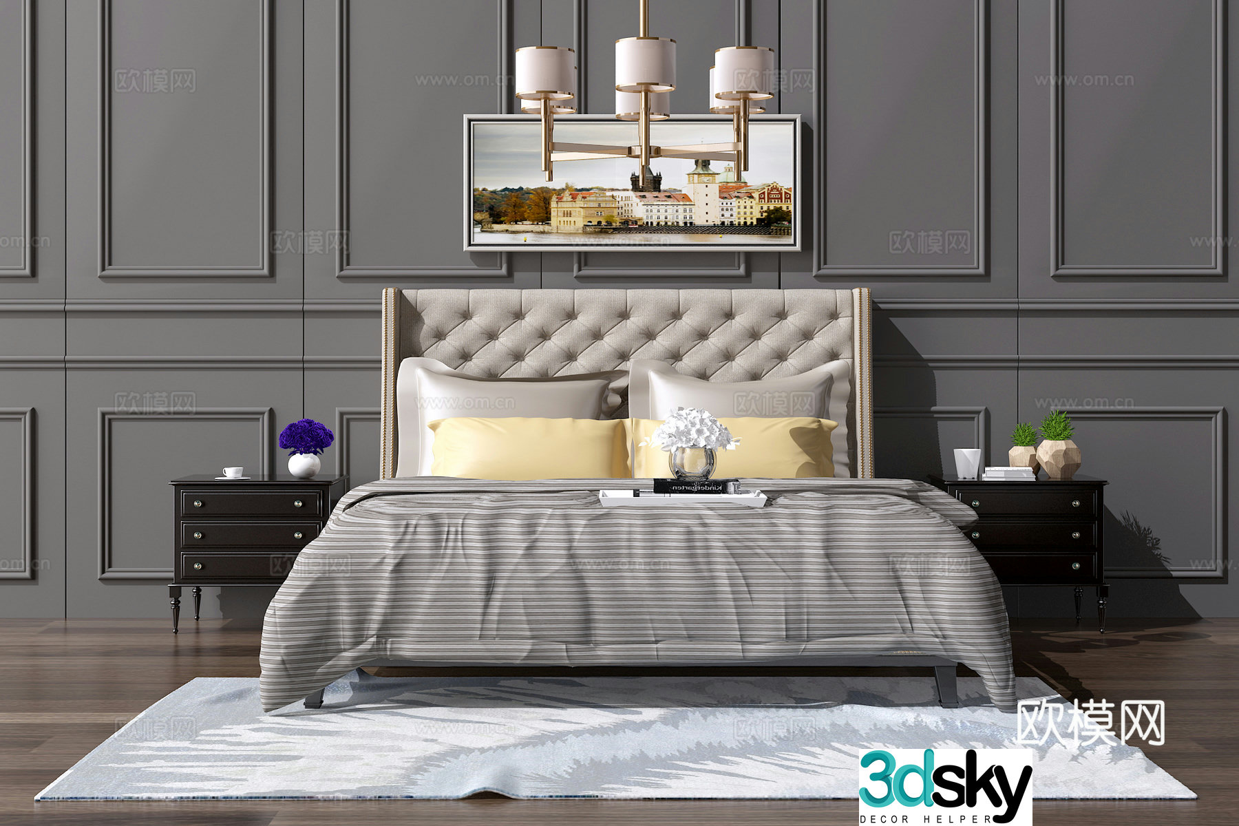 Modern double bed Nordic double bed Simple European double bed Chinese double bed Chinese chandeliers 3D model