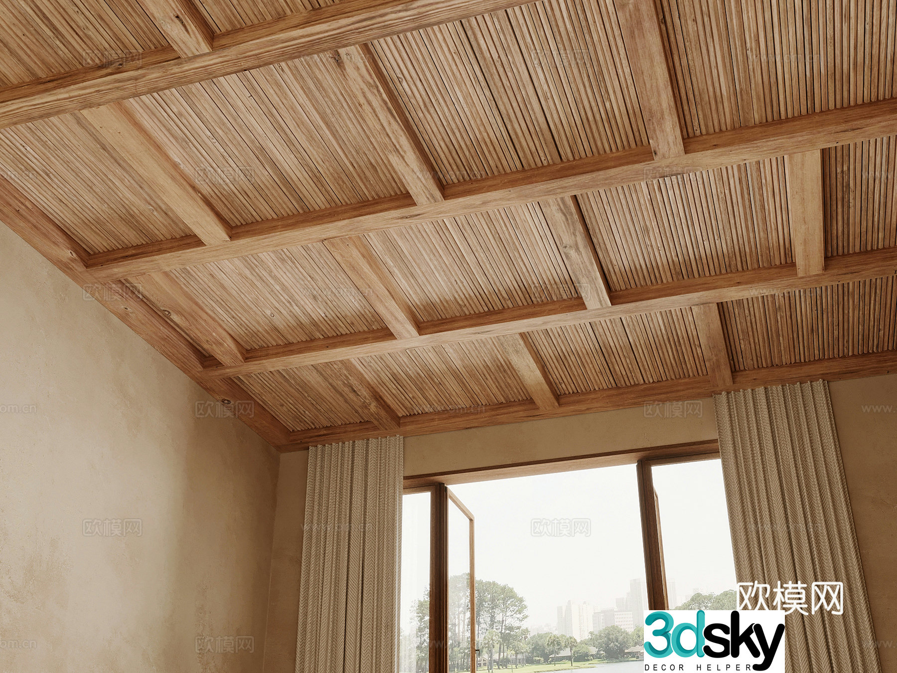 Ceiling Jijifeng Ceiling Solid Wood Ceiling Wooden Ring Ceiling Wooden Beam Ceiling 3D Model