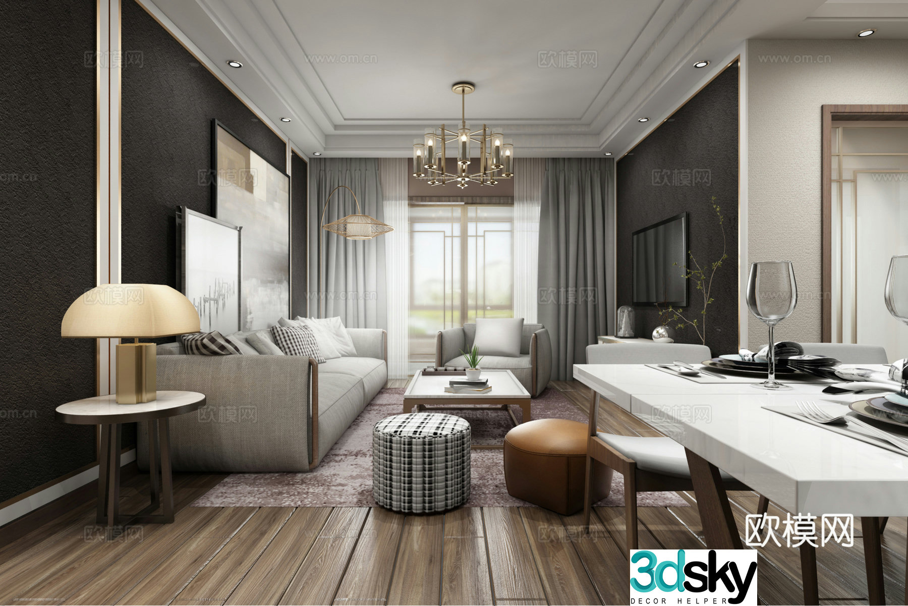 Modern style living and dining aisle sofa coffee table chandeliers TV cabinet side cabinet dining table chair 3d model