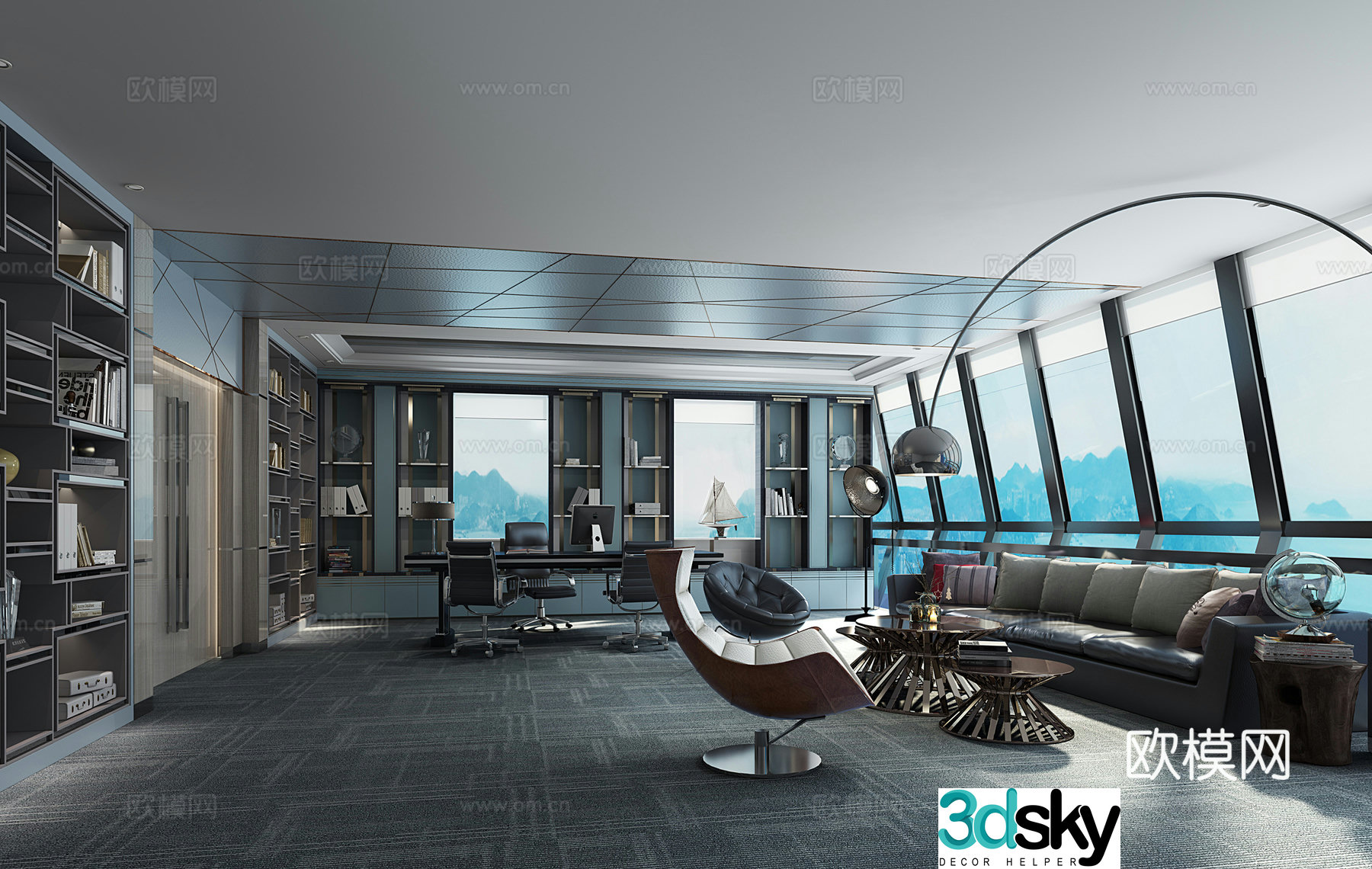 Modern new Chinese style manager room sofa coffee table combination 3D model