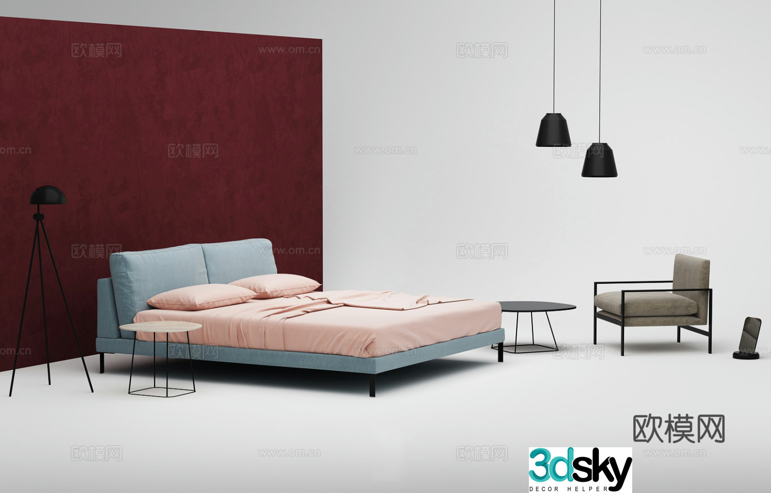 Modern style double bed combination coffee table seat 3d model