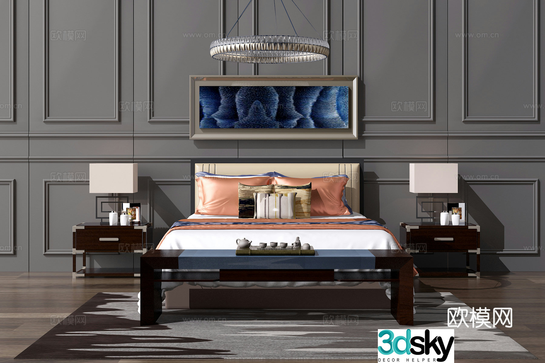 Chinese double bed Chinese chandeliers Chinese hanging painting Chinese solid wood double bed 3D model