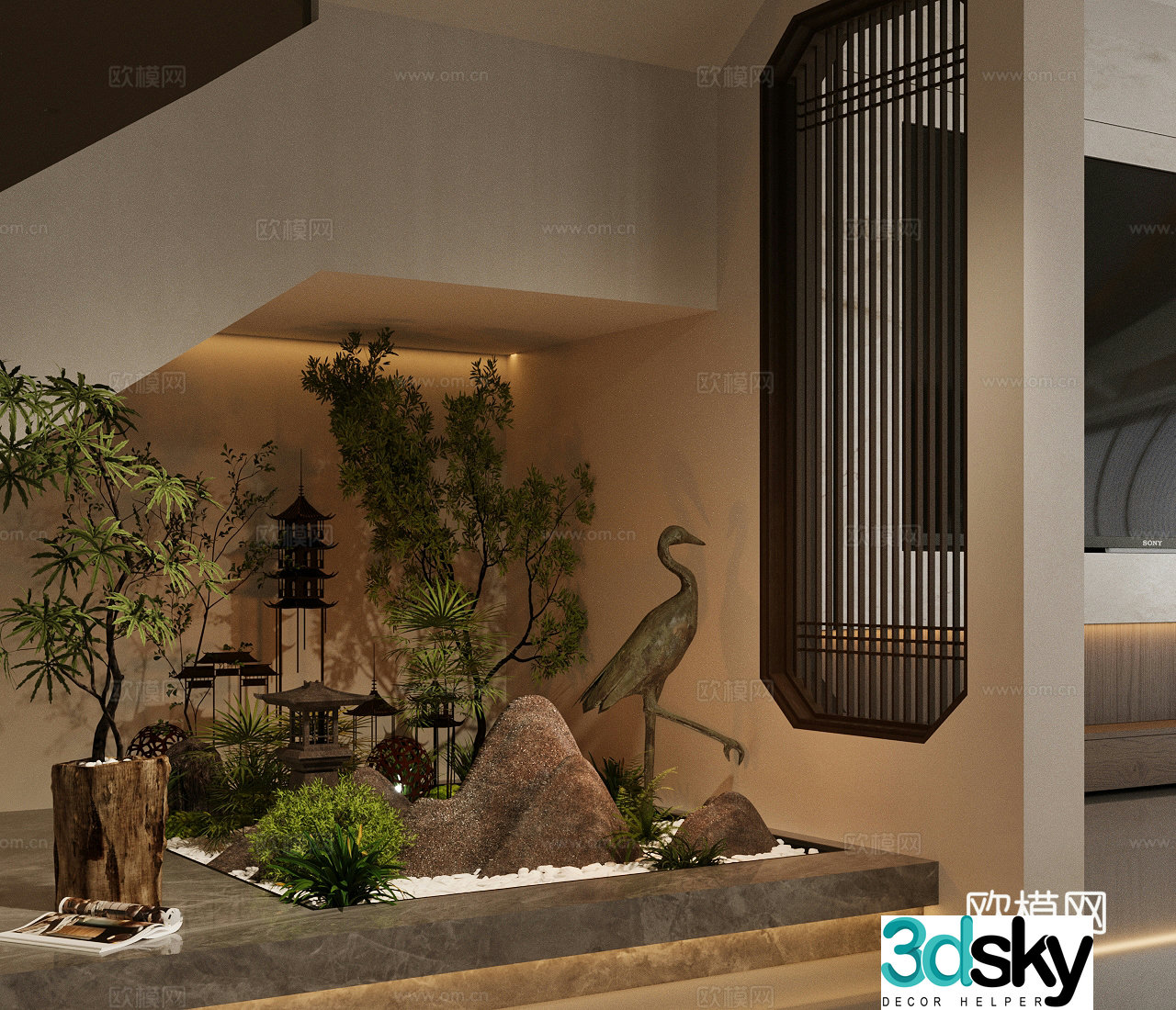 New Chinese Zen interior landscape New Chinese landscape landscape Crane sculpture Chinese stairwell landscape 3D model