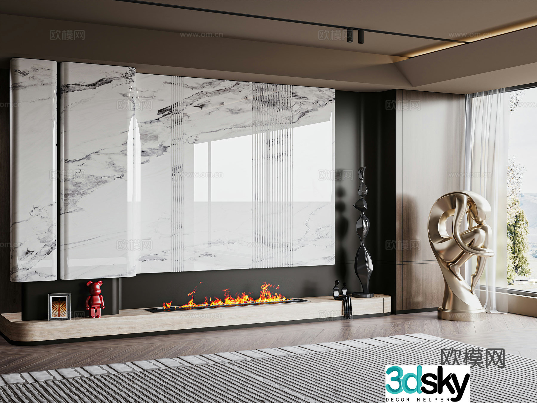 Middle style living room TV background wall marble background wall 3d model