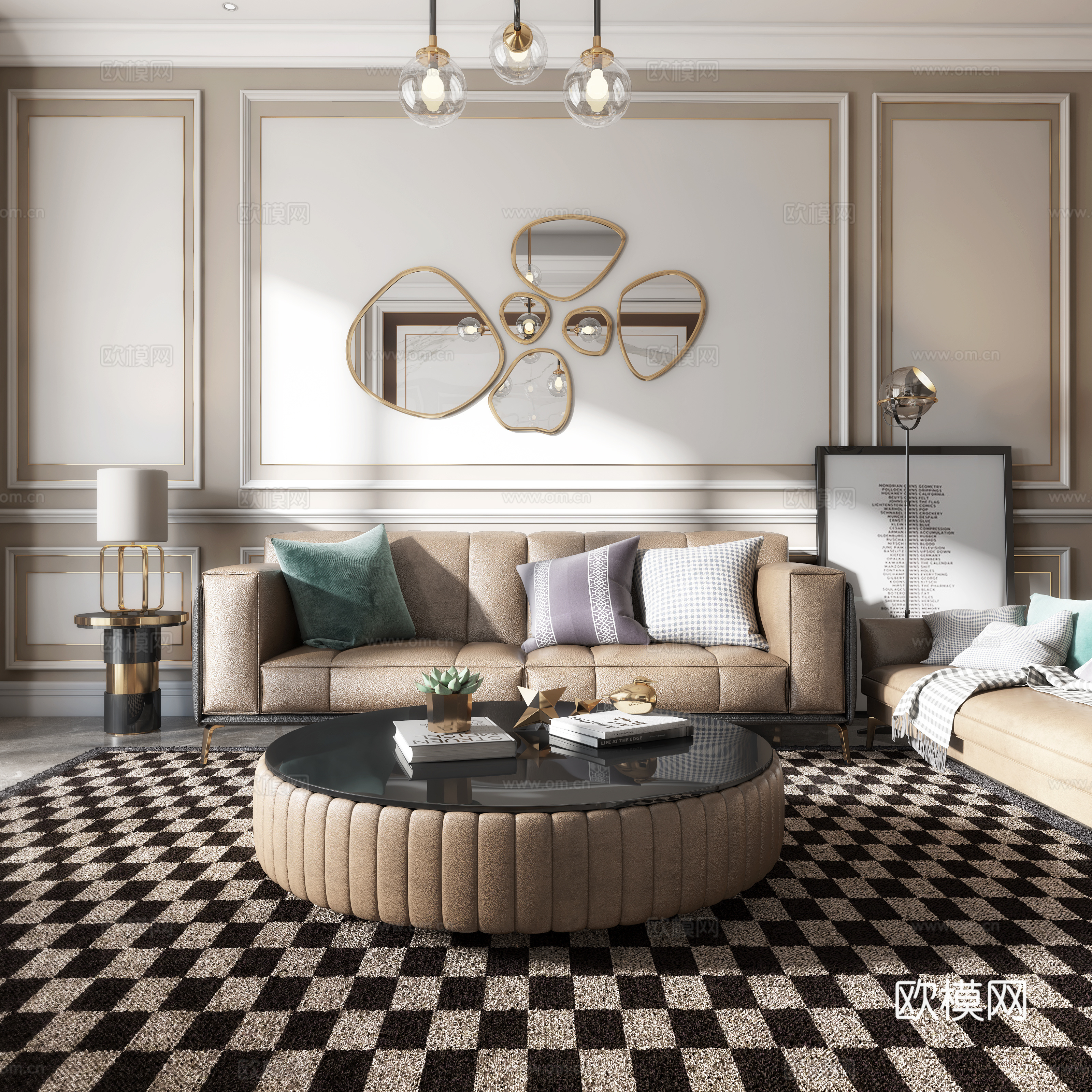Postmodern living room sofa coffee table chandelier wall decoration TV cabinet 3d model