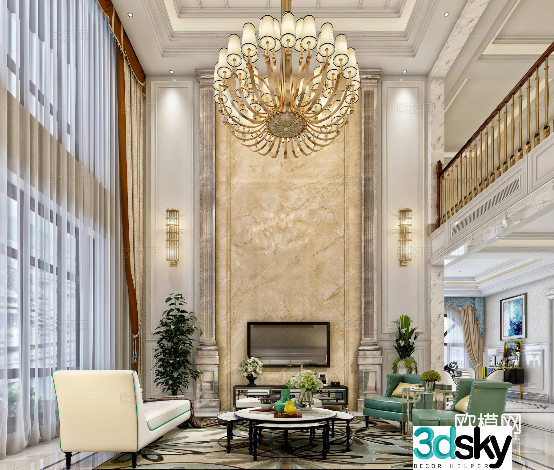 Simple European style villa living room casual empty background wall TV wall sofa chandeliers 3d model