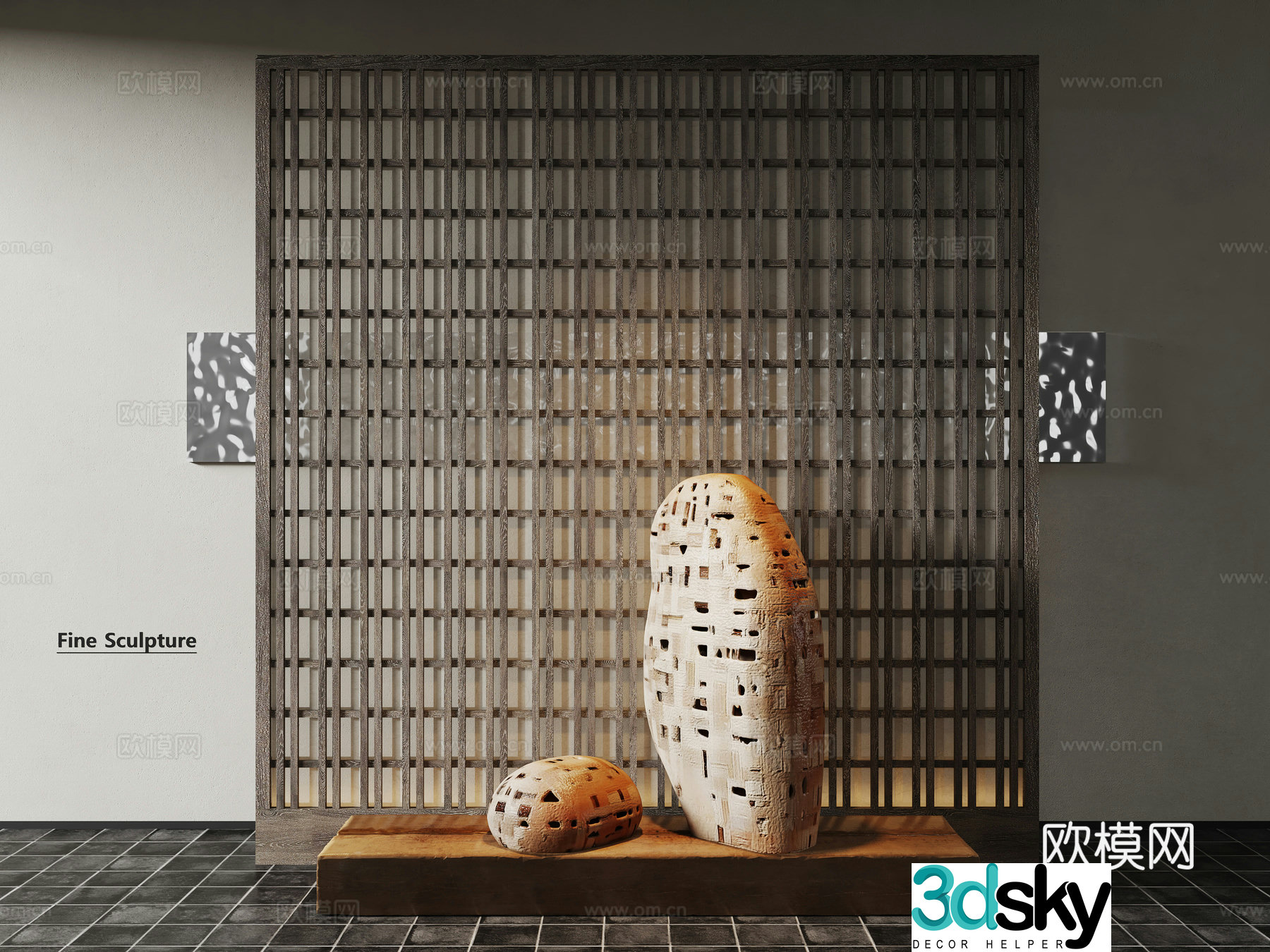 Modern sculpture Art installation Wooden grille screen partition Translucent rice paper 3d model