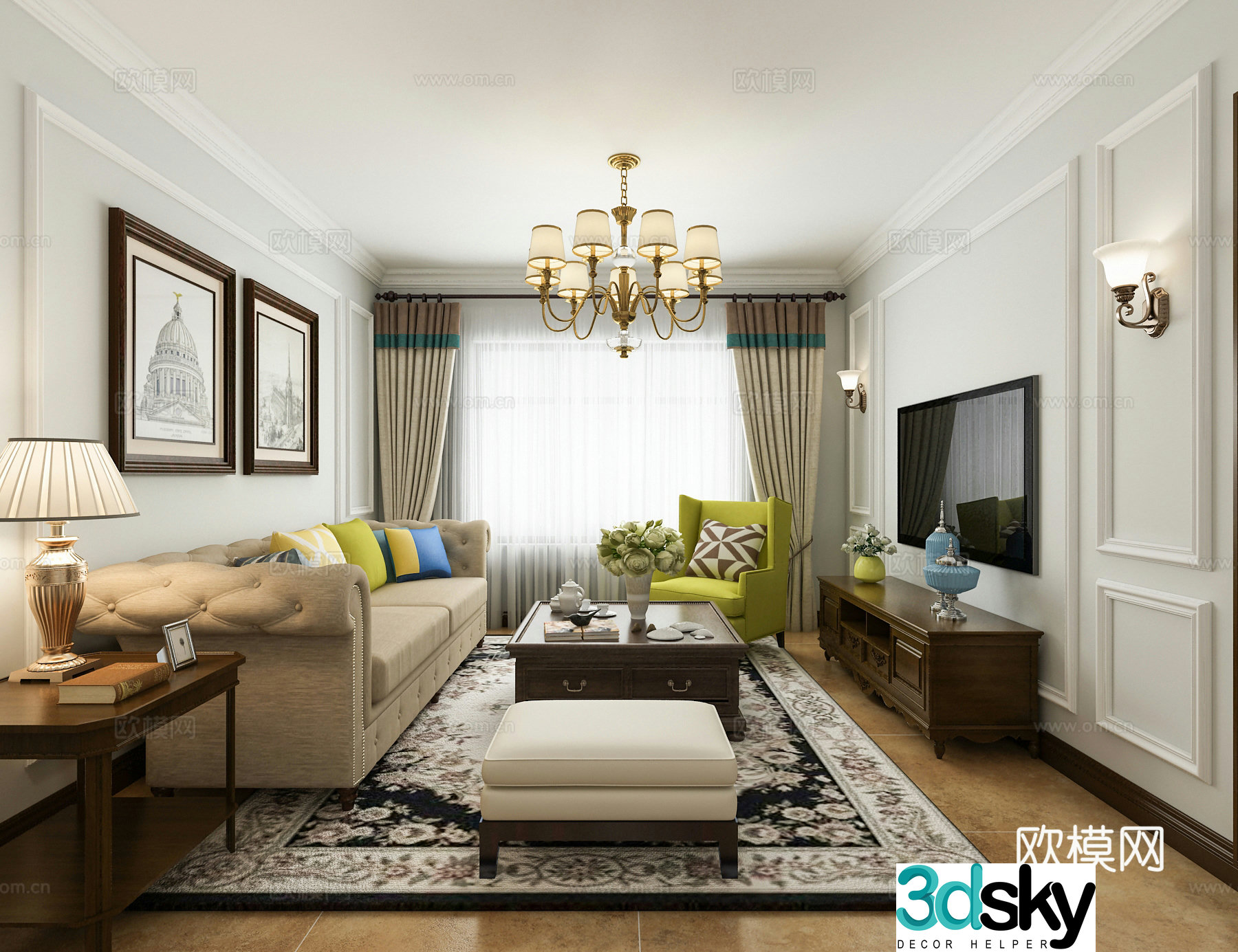 Simple American living and dining room sofa coffee table lamp hanging lamp hanging painting 3D model