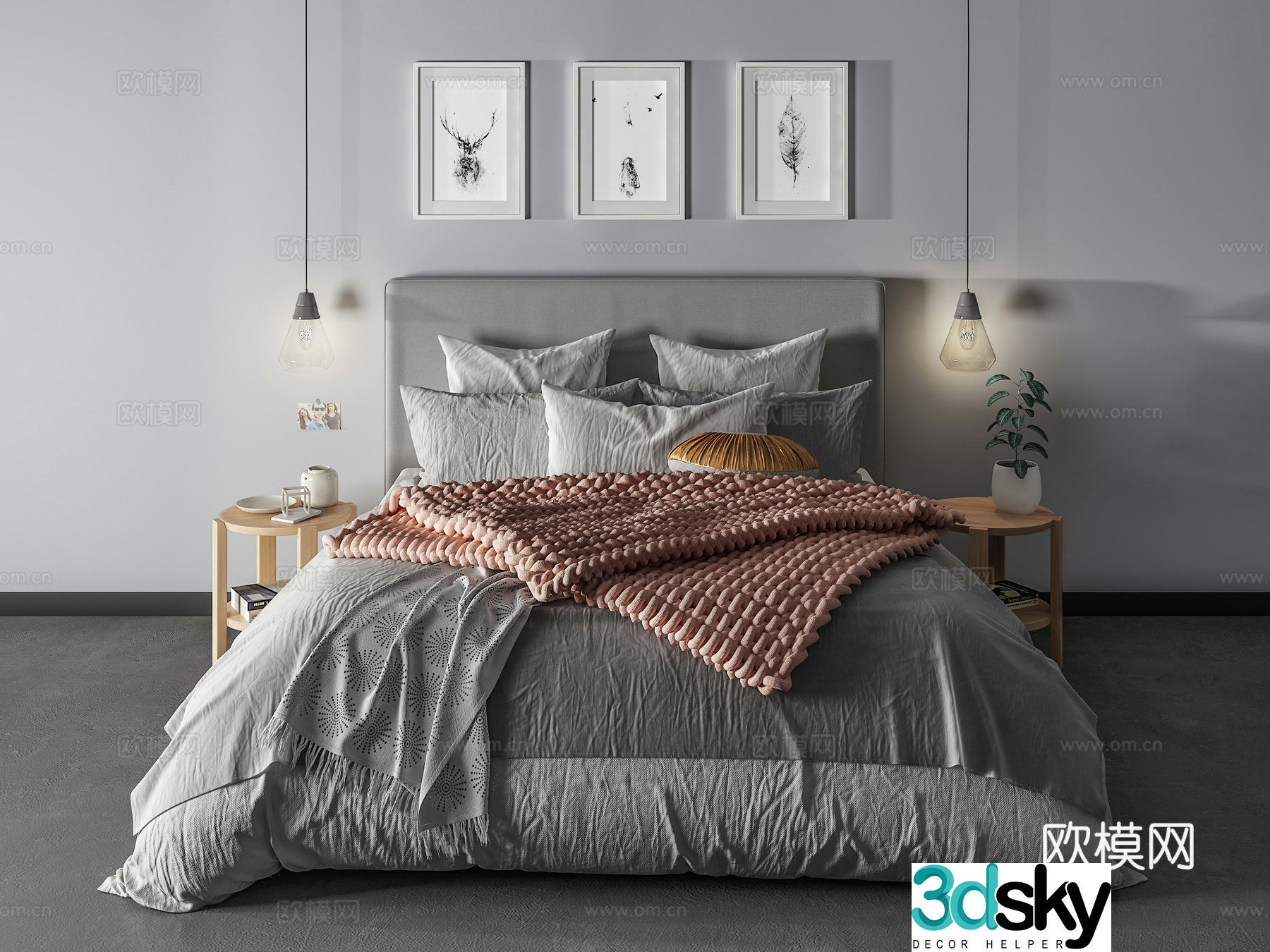 Modern double bed pillow chandeliers hanging painting 3d model