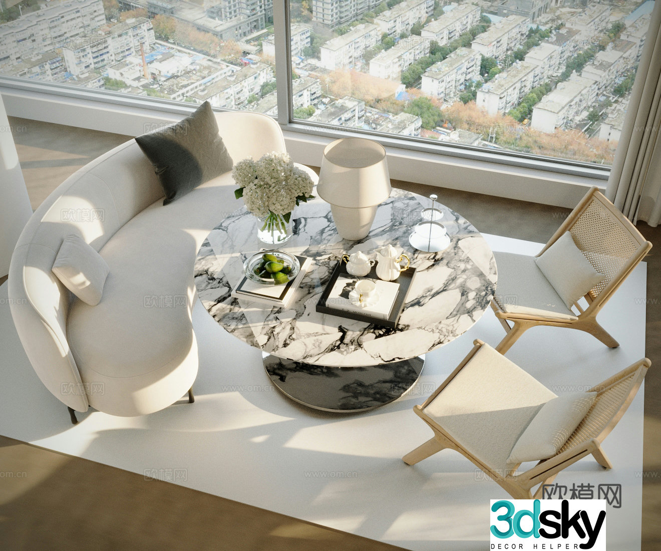 Modern sofa combination fabric sofa sofa coffee table combination log style leisure chair three-person sofa 3D model