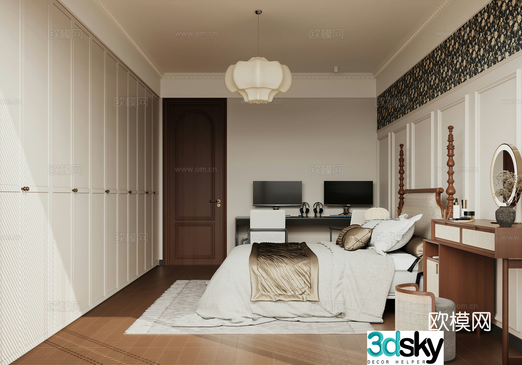Retro French bedroom master bedroom double bed 3d model