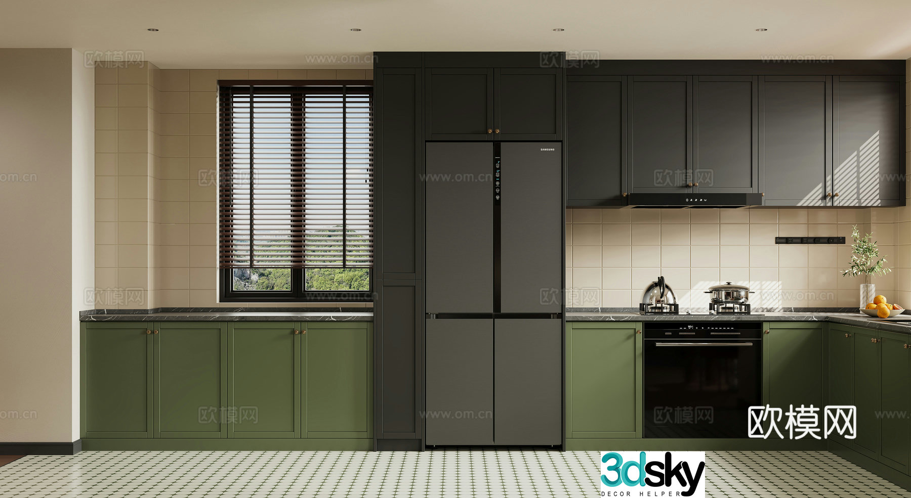 French old-fashioned kitchen stove embedded refrigerator 3D model