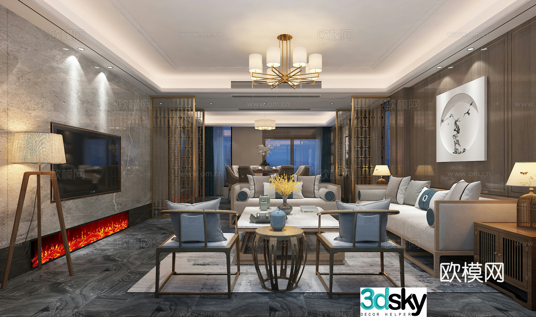 New Chinese style villa living and dining room dining table chair sofa coffee table chandeliers desktop ornaments 3D model of hanging paintings