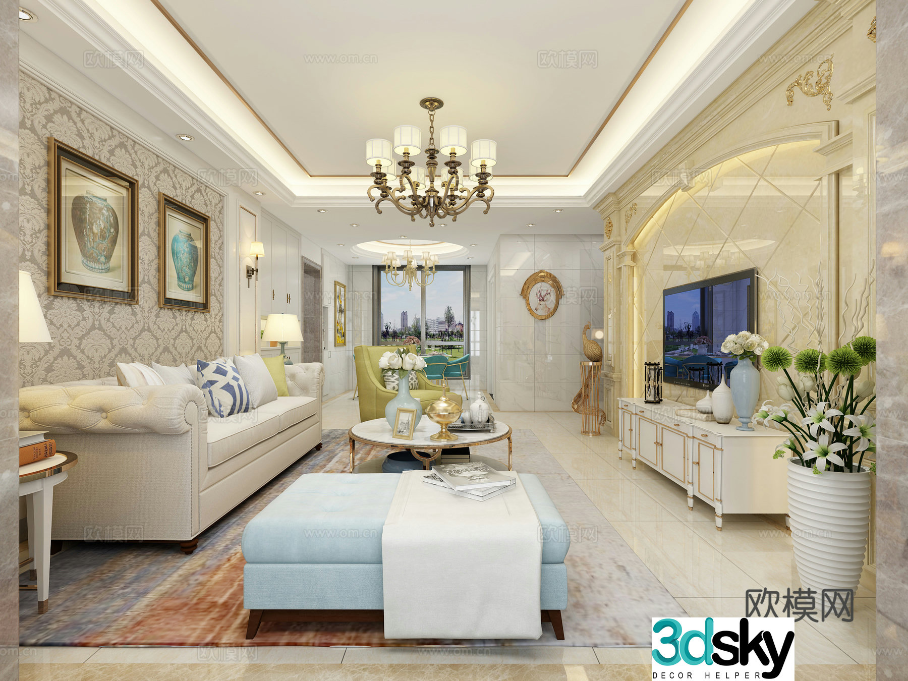 European style living and dining room decorative painting dining table and chair combination chandeliers TV cabinet sofa and coffee table 3D model