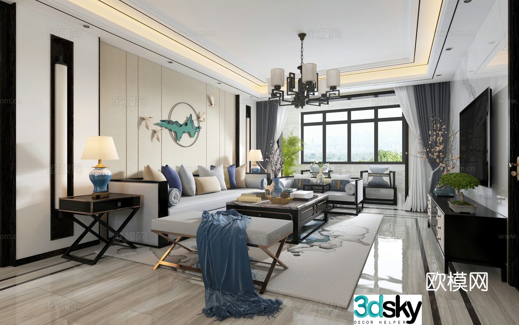 New Chinese style living and dining table and chairs chandeliers desktop ornaments 3D model of hanging paintings