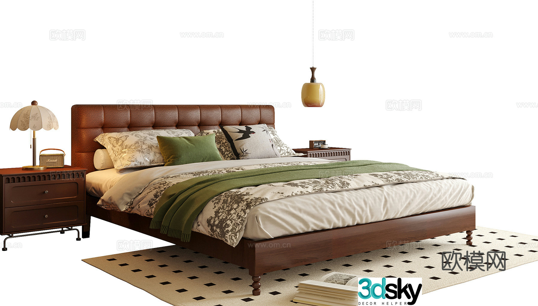 French double bed nightstand bedside chandeliers 3d model