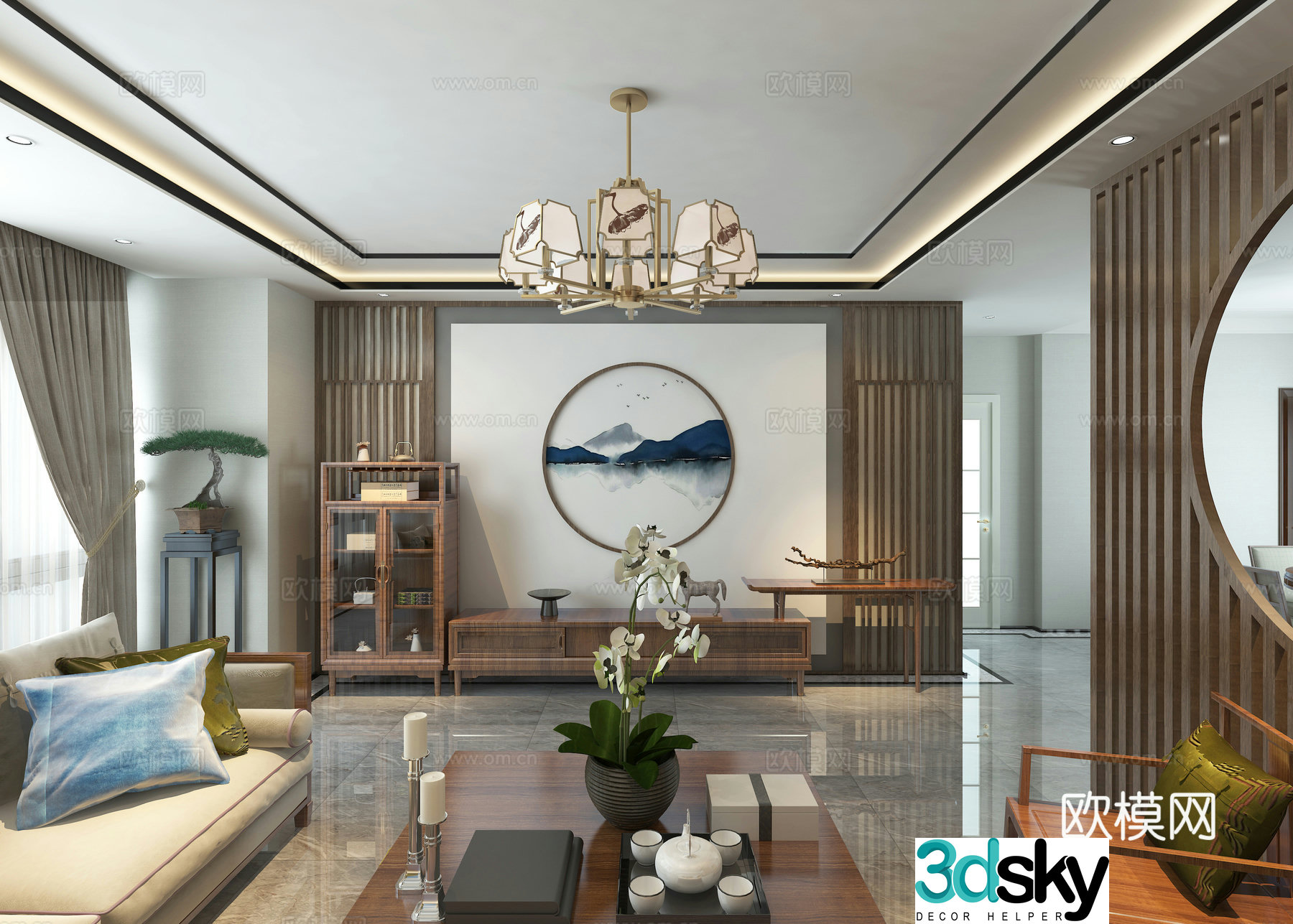 New Chinese style living room sofa coffee table chandeliers TV cabinet side cabinet 3d model