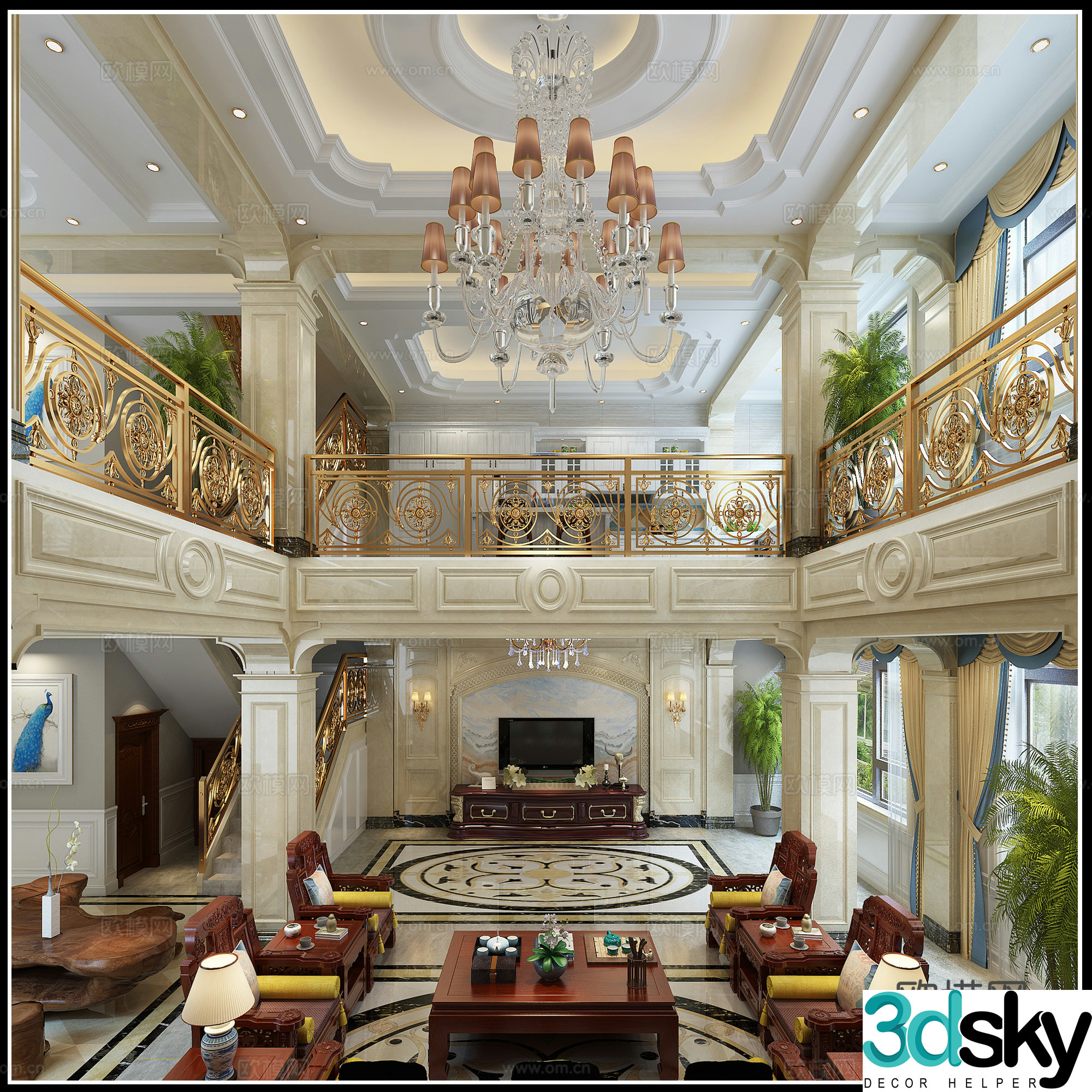 European style hollow living room chandelier sofa coffee table 3d model