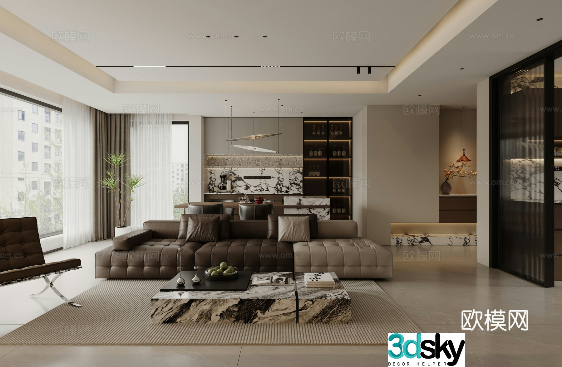 Modern minimalist living restaurant 3d model