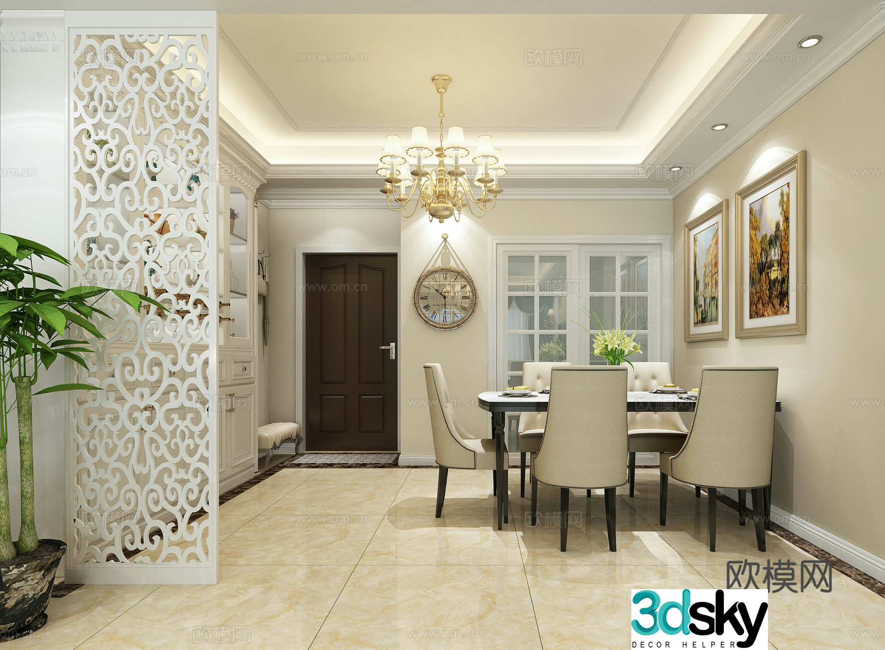 Simple European living restaurant coffee table sofa ceiling curtain TV cabinet hanging painting 3D model