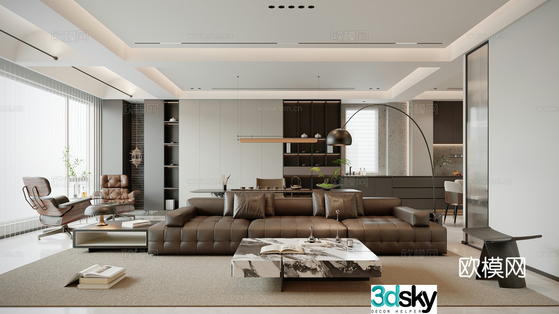 Italian light luxury living dining open kitchen 3D model
