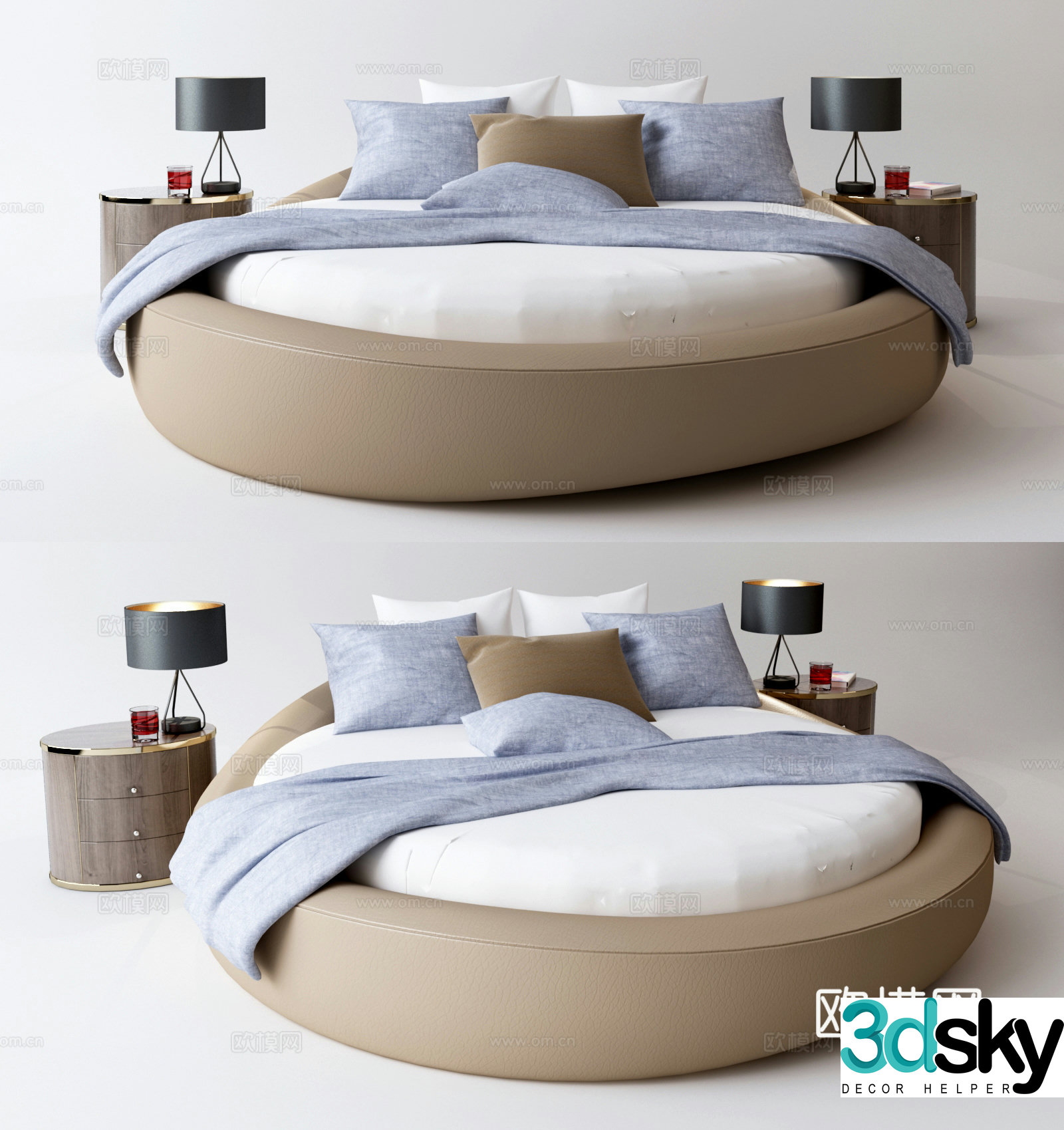 Modern round double bed nightstand 3d model