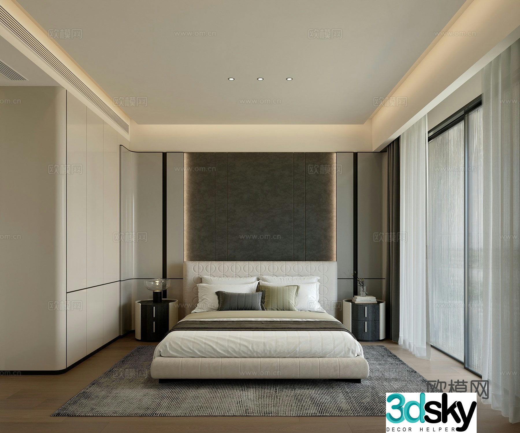 Italian light luxury bedroom bedding bedside background bedside table wardrobe 3d model